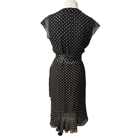 Etcetera Wrap Dress 6 Small Black Gold SILK Polka Dot Flutter Cap Sleeve - Picture 2 of 11
